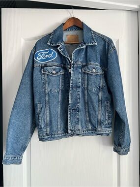 GAP Light Blue Denim Jacket with Tan Leather Patch